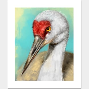 Painting of a Crane with Vibrant Colors on Yellow Blue Background Posters and Art